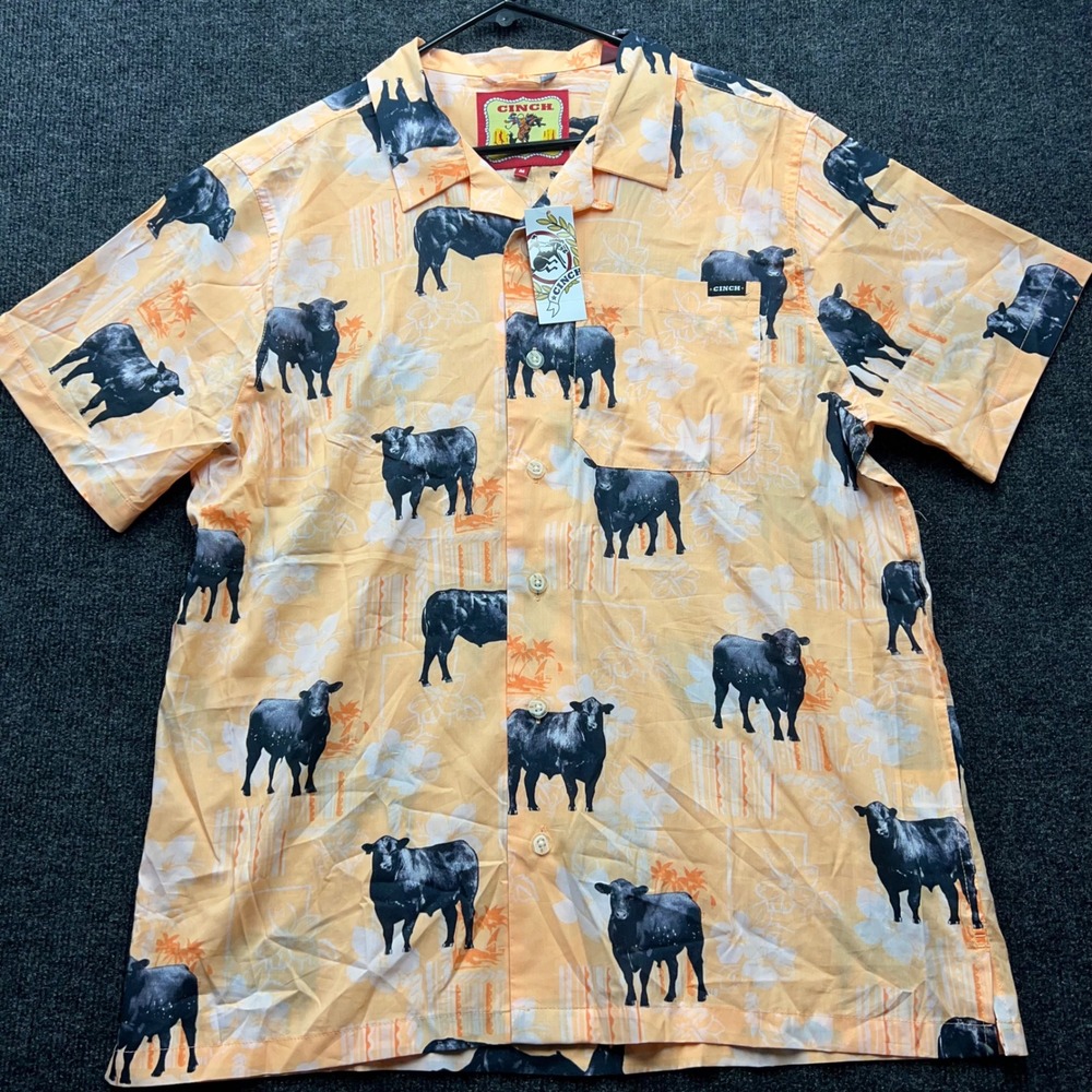 Cinch Mens Cattle Camp Shirt Orange Black Bull Print MTW1401030 Size M NWT